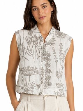 Laura Bianchi Botanical Print Sleeveless Linen Zip Up Top